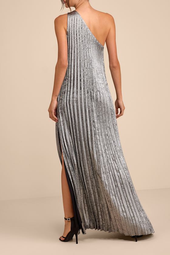 Mara Silver Metallic Pleated One-Shoulder Maxi Dress