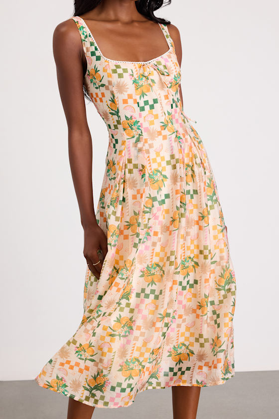Anisa Cream Multi Print Sleeveless Midi Dress