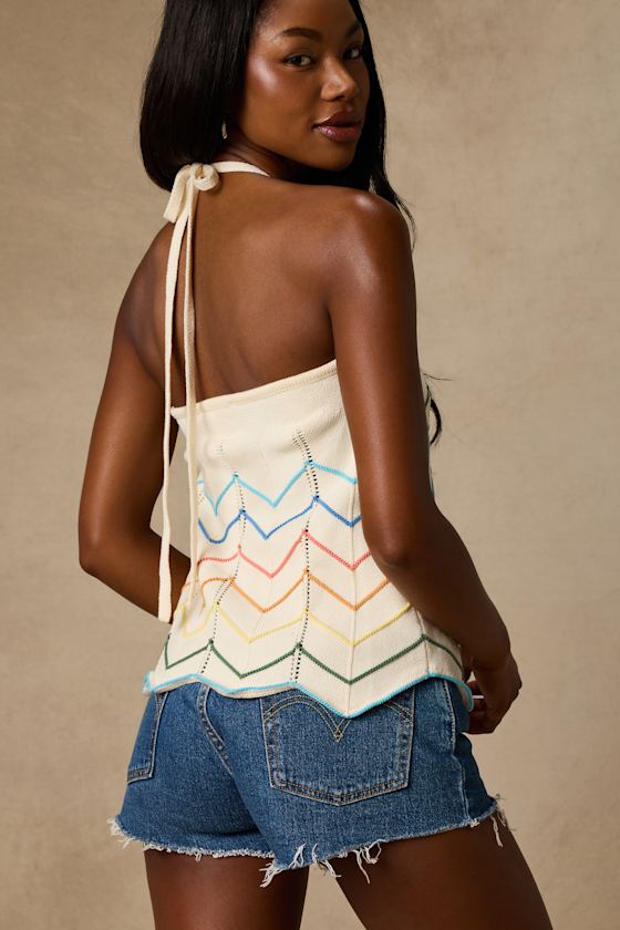 Madalya Ivory Multi Striped Halter Sweater Top