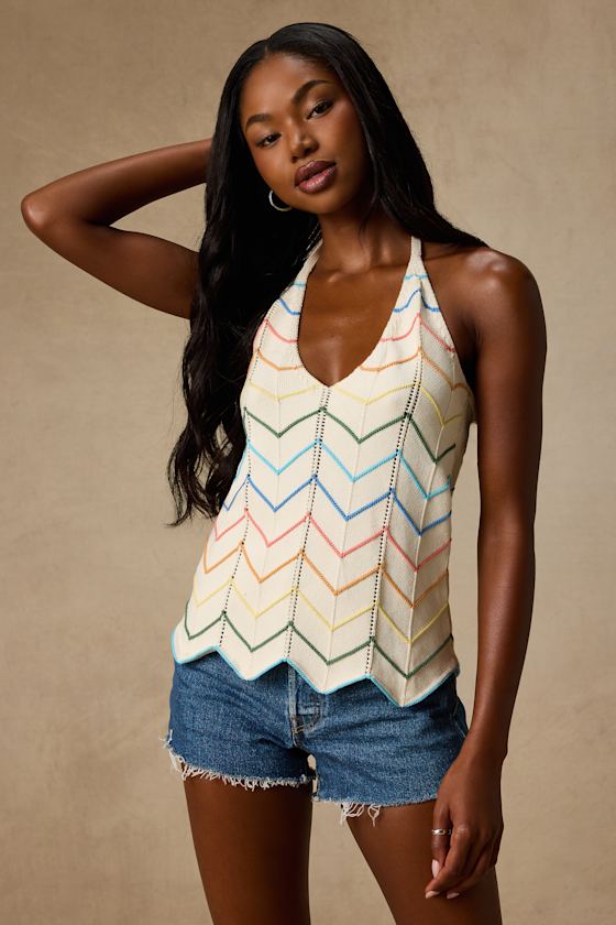 Madalya Ivory Multi Striped Halter Sweater Top