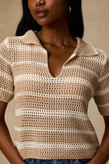 Bebe Beige Striped Crochet Collared Top