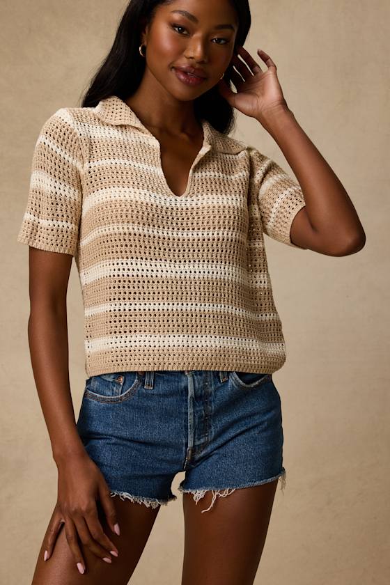 Bebe Beige Striped Crochet Collared Top