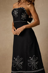 Leticia Black Linen Embroidered Tie-Back Midi Dress