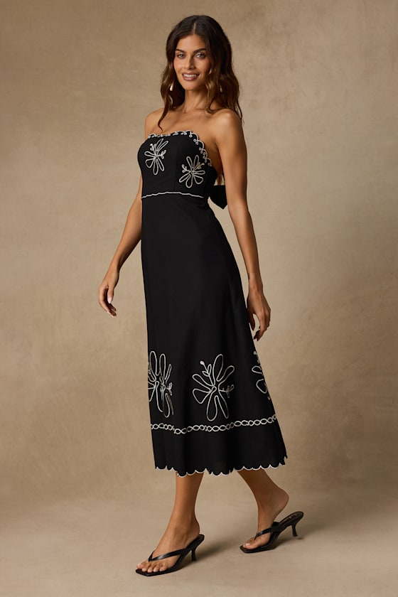 Leticia Black Linen Embroidered Tie-Back Midi Dress
