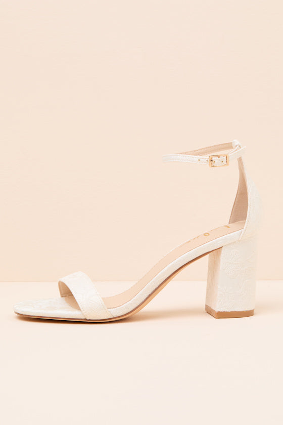 Arylee Ivory Floral Embroidered Ankle Strap Heels