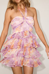 Merlina Purple and Orange Floral Mesh Tiered Mini Dress