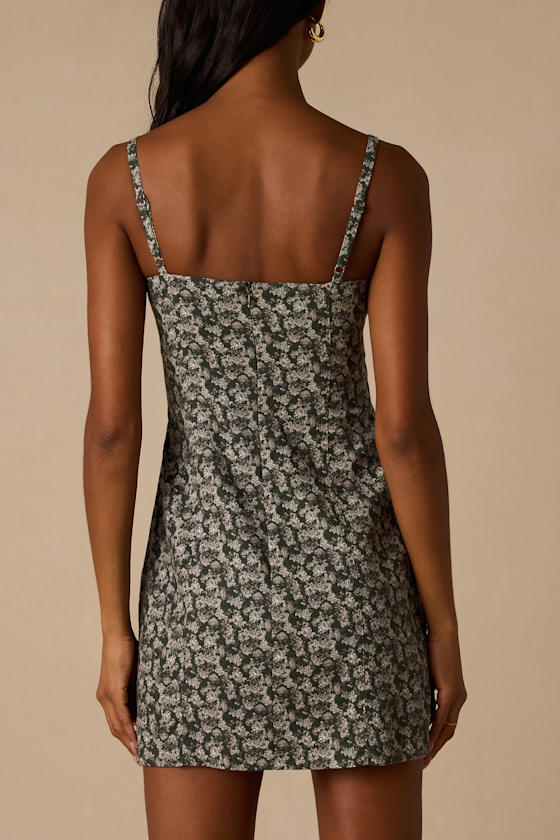 Teagan Dark Olive Floral Twill Mini Dress