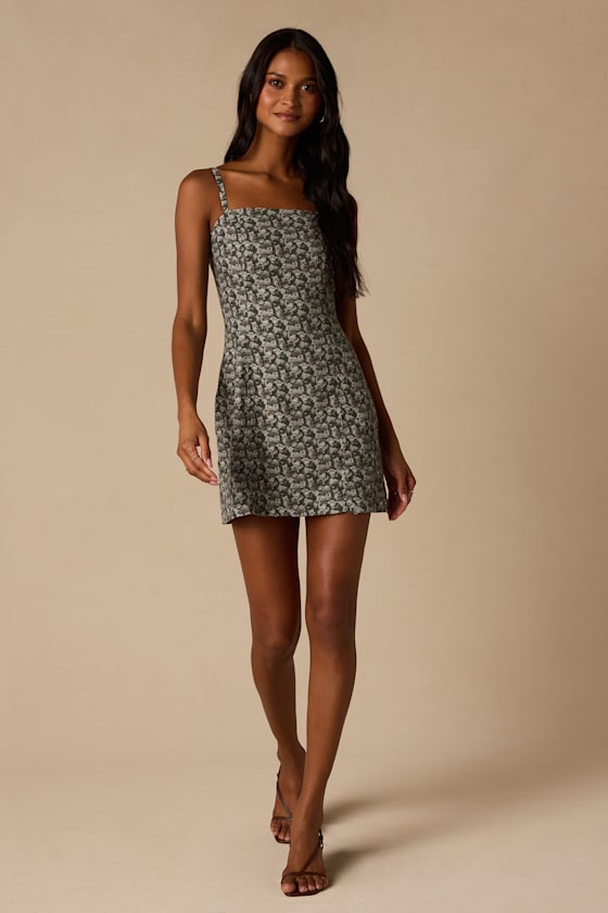 Teagan Dark Olive Floral Twill Mini Dress