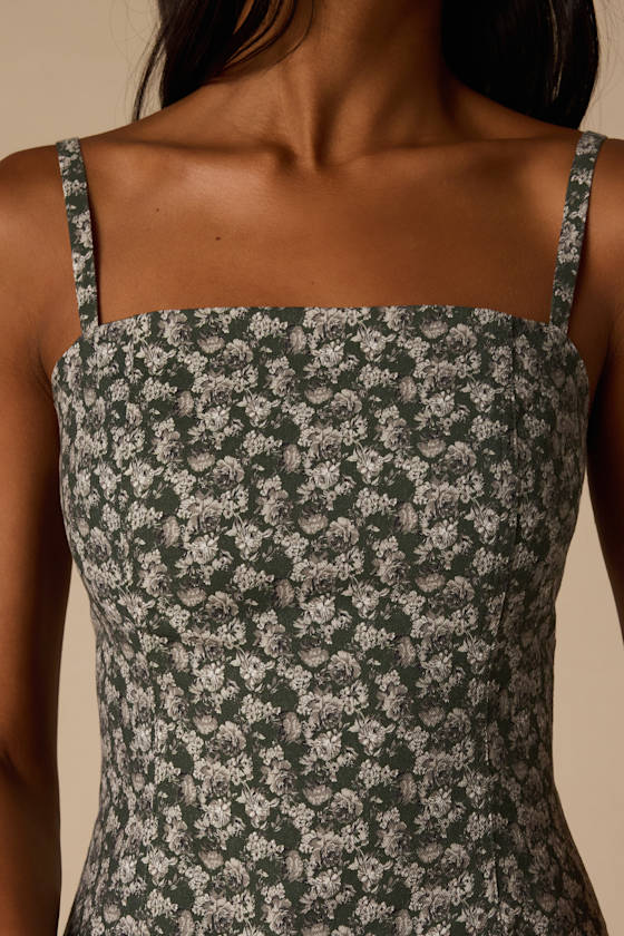 Teagan Dark Olive Floral Twill Mini Dress