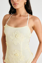 Dominia Pale Yellow Embroidered Lace-Up Mini Dress