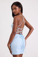 Dominia Light Blue Embroidered Lace-Up Mini Dress