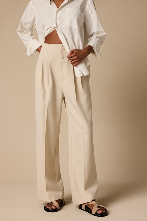 Rina Light Beige Pleated High-Rise Trousers