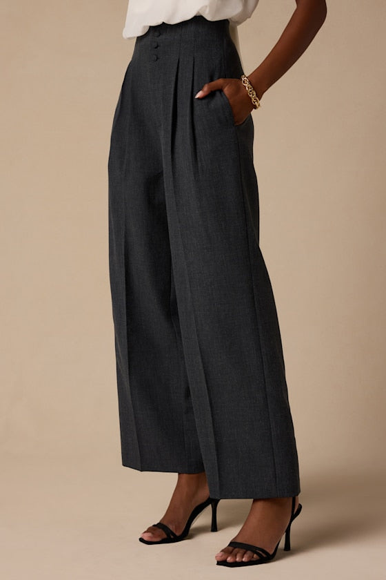 Rina Dark Grey Pleated High-Rise Trousers