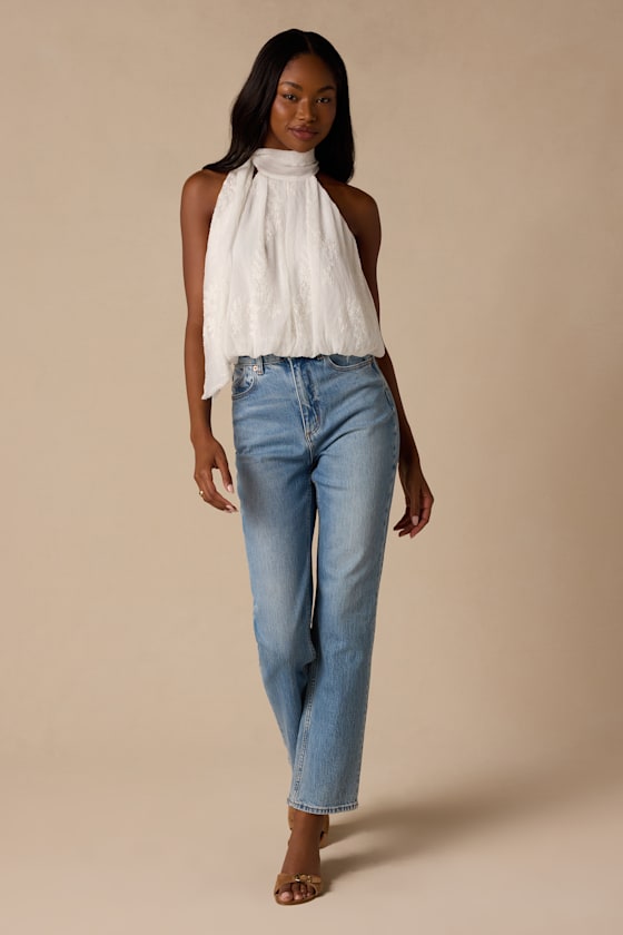Charlie Ivory Textured Mock Neck Sash Top