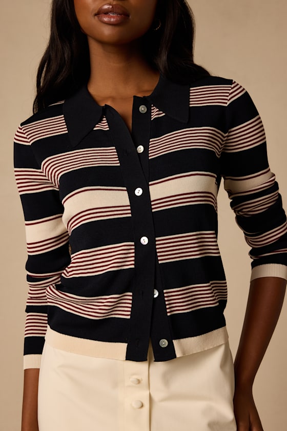 Nelly Navy Striped Button-Up Knit Top