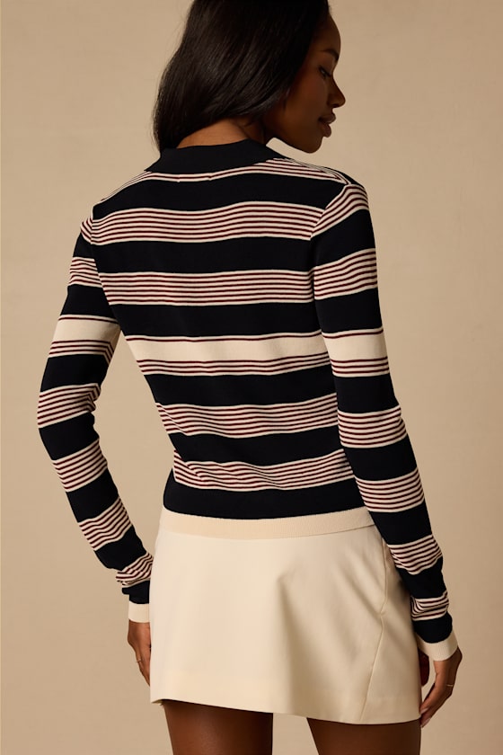 Nelly Navy Striped Button-Up Knit Top