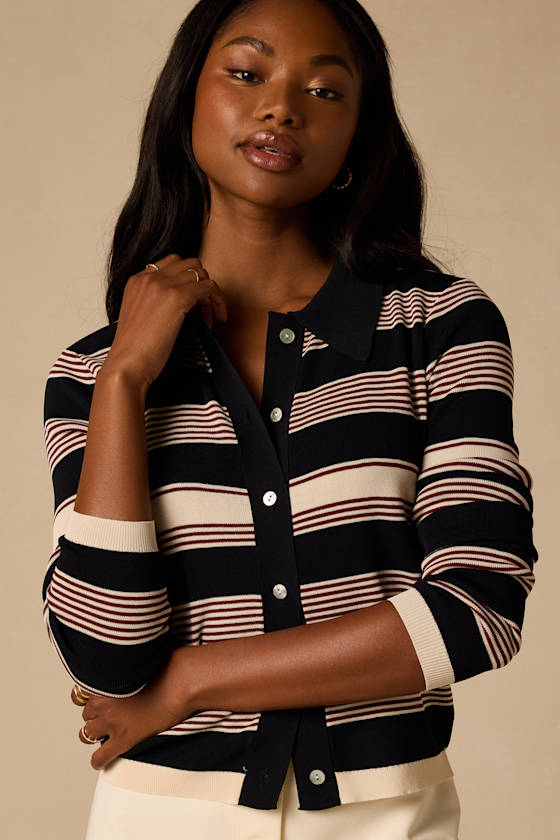 Nelly Navy Striped Button-Up Knit Top