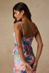 Romina Pink Multi Floral Mesh Ruffled Top