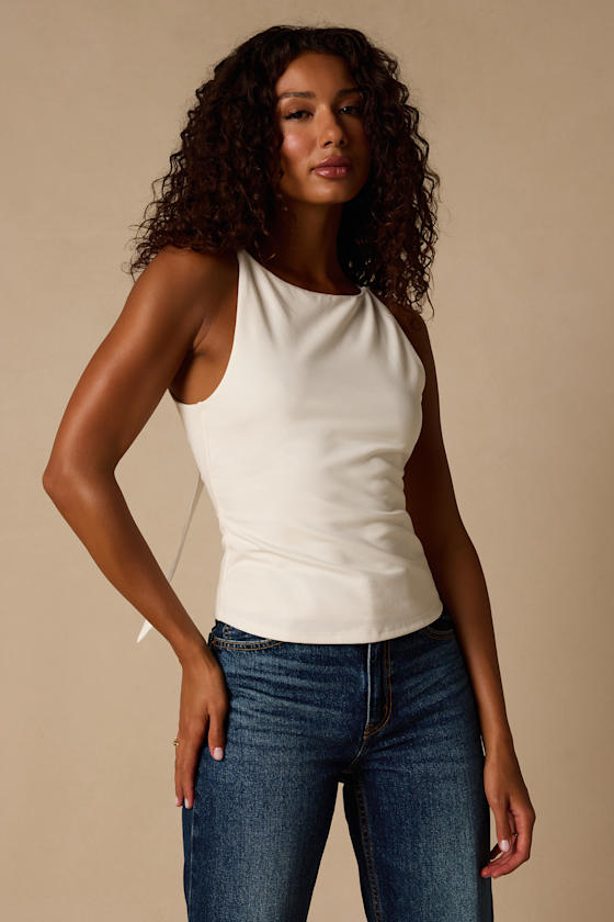 Giovanna White Jersey Knit Bow Tank Top