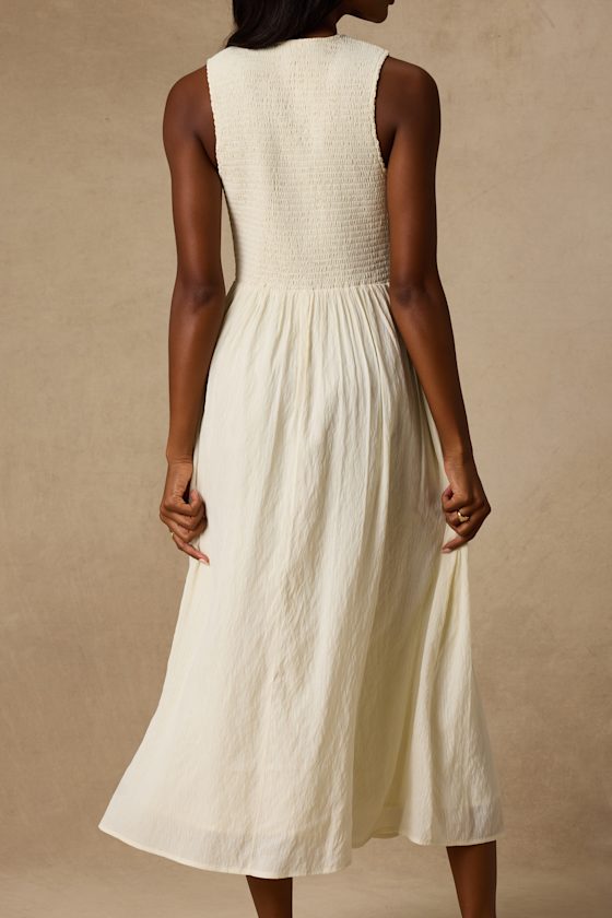 Nala Ivory Smocked Tie-Front Midi Dress