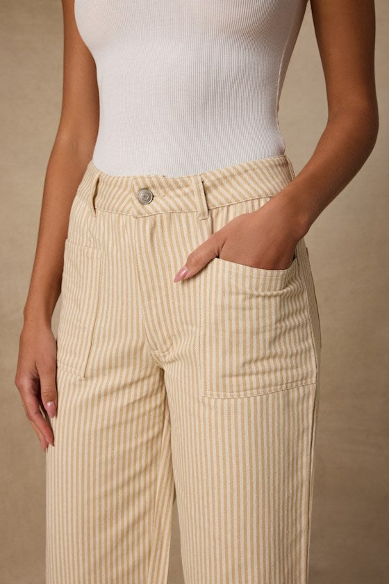 Darice Beige Striped Twill High-Rise Ankle Pants