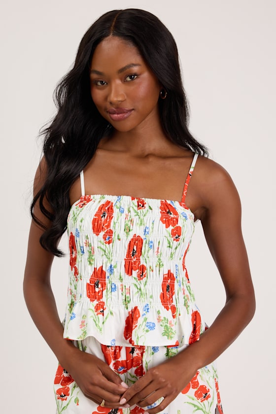 Delaina White Multi Floral Smocked Tank Top