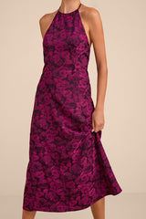 Caida Plum Floral Satin Halter Midi Dress