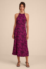 Caida Plum Floral Satin Halter Midi Dress