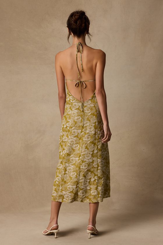 Caida Chartreuse Floral Satin Halter Midi Dress