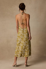 Caida Chartreuse Floral Satin Halter Midi Dress