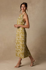Caida Chartreuse Floral Satin Halter Midi Dress
