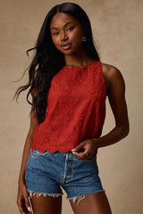 Pleasant Personality Rust Floral Embroidered Crew Neck Tank Top