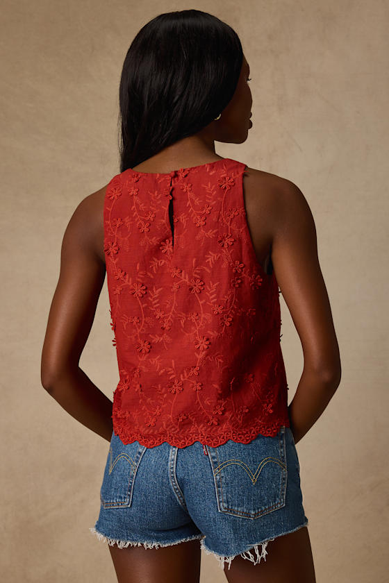 Pleasant Personality Rust Floral Embroidered Crew Neck Tank Top