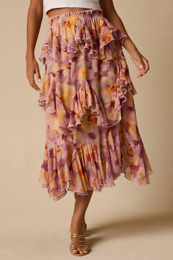 Pavinna Mauve Floral Print Tiered Ruffle Maxi Skirt