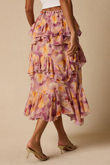 Pavinna Mauve Floral Print Tiered Ruffle Maxi Skirt