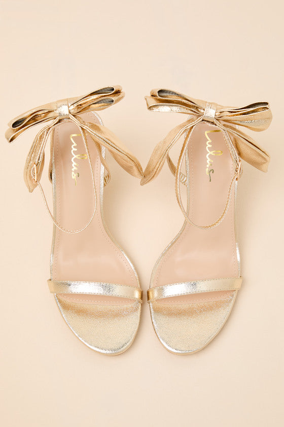 Allianna Gold Crinkle Bow High Heel Ankle Strap Sandals