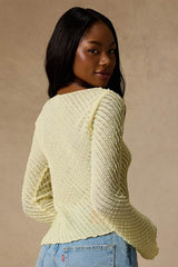Xavia Light Yellow Ruffled Knit Asymmetrical Long Sleeve Top