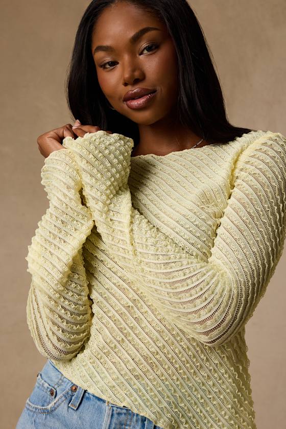 Xavia Light Yellow Ruffled Knit Asymmetrical Long Sleeve Top