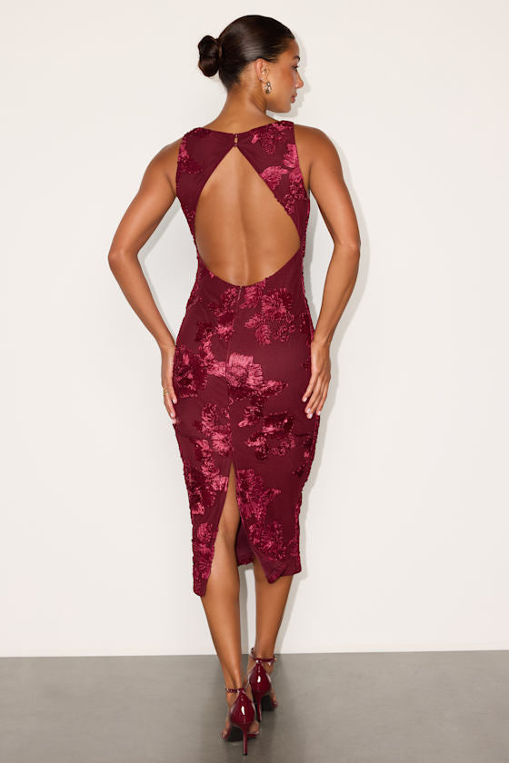 Taylin Berry Red Floral Applique Backless Midi Dress