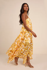 Dezzi Yellow Multi Floral Halter Shift Maxi Dress