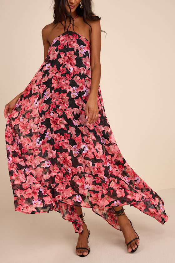 Dezzi Black Multi Floral Halter Shift Maxi Dress