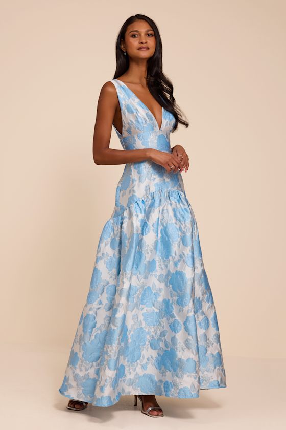 Valna Light Blue Floral Jacquard Drop Waist Maxi Dress