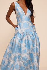 Valna Light Blue Floral Jacquard Drop Waist Maxi Dress