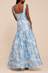 Valna Light Blue Floral Jacquard Drop Waist Maxi Dress