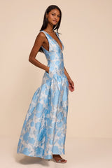 Valna Light Blue Floral Jacquard Drop Waist Maxi Dress
