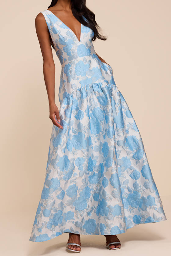 Valna Light Blue Floral Jacquard Drop Waist Maxi Dress