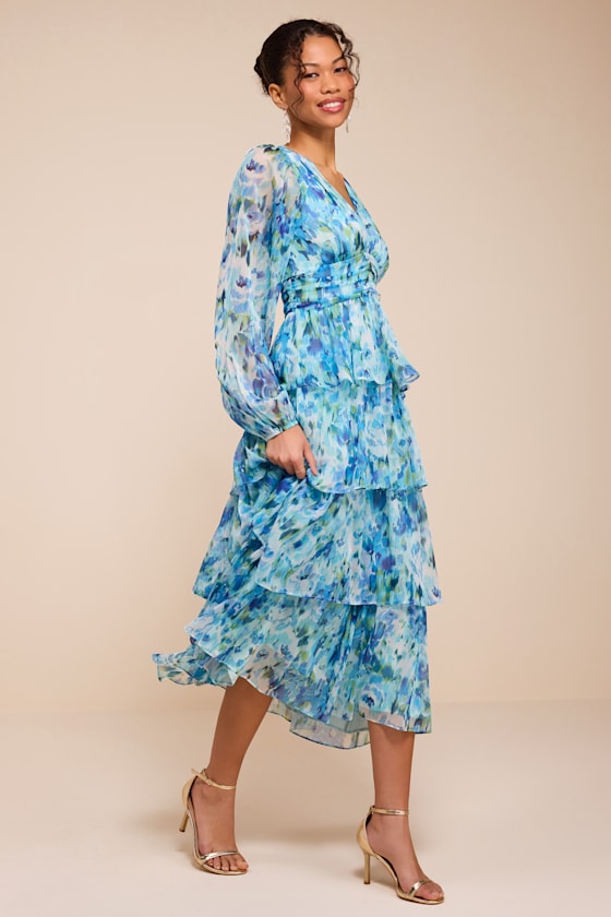 Macy Light Blue Multi Floral Tiered Midi Dress