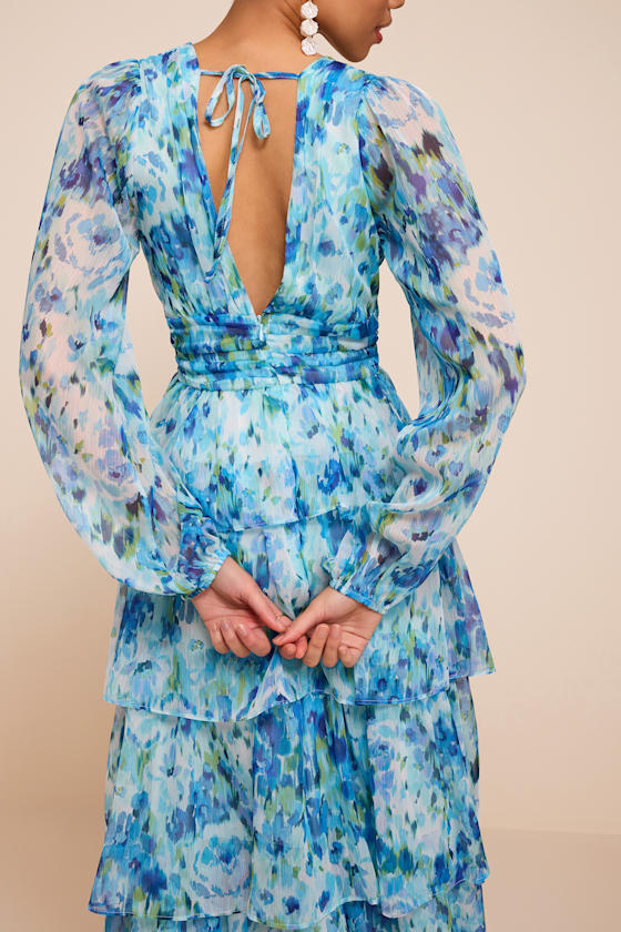 Macy Light Blue Multi Floral Tiered Midi Dress