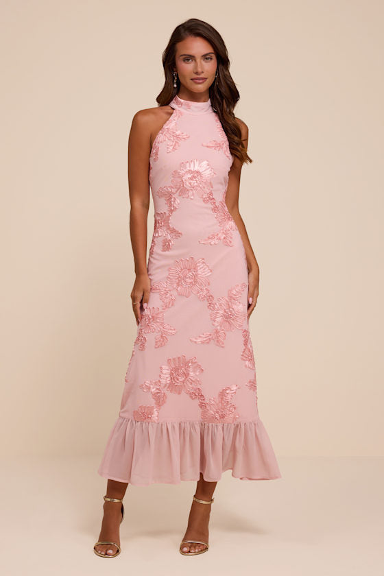 Margaret Light Pink Textured Ruffled Midi Dress