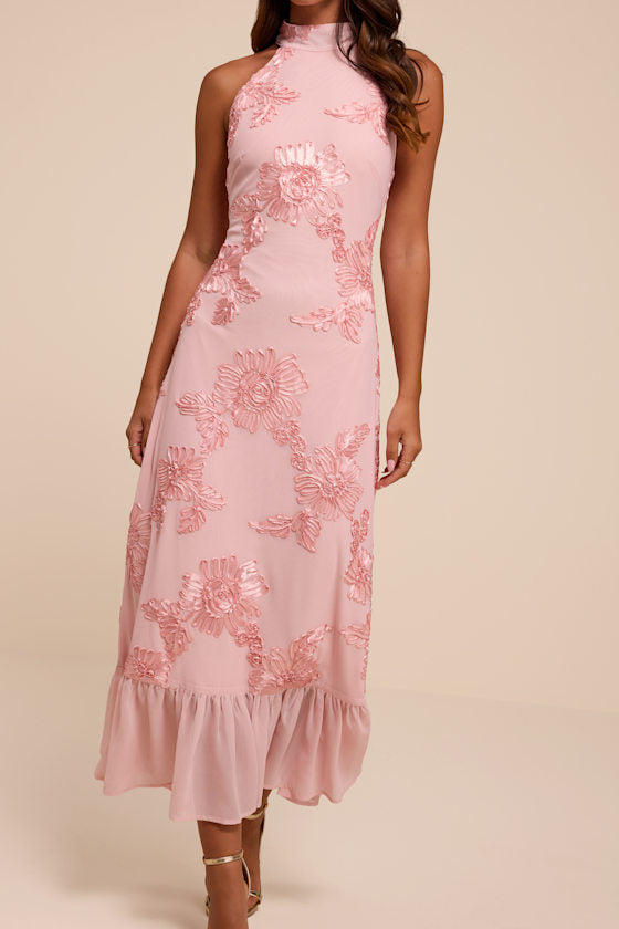 Margaret Light Pink Textured Ruffled Midi Dress